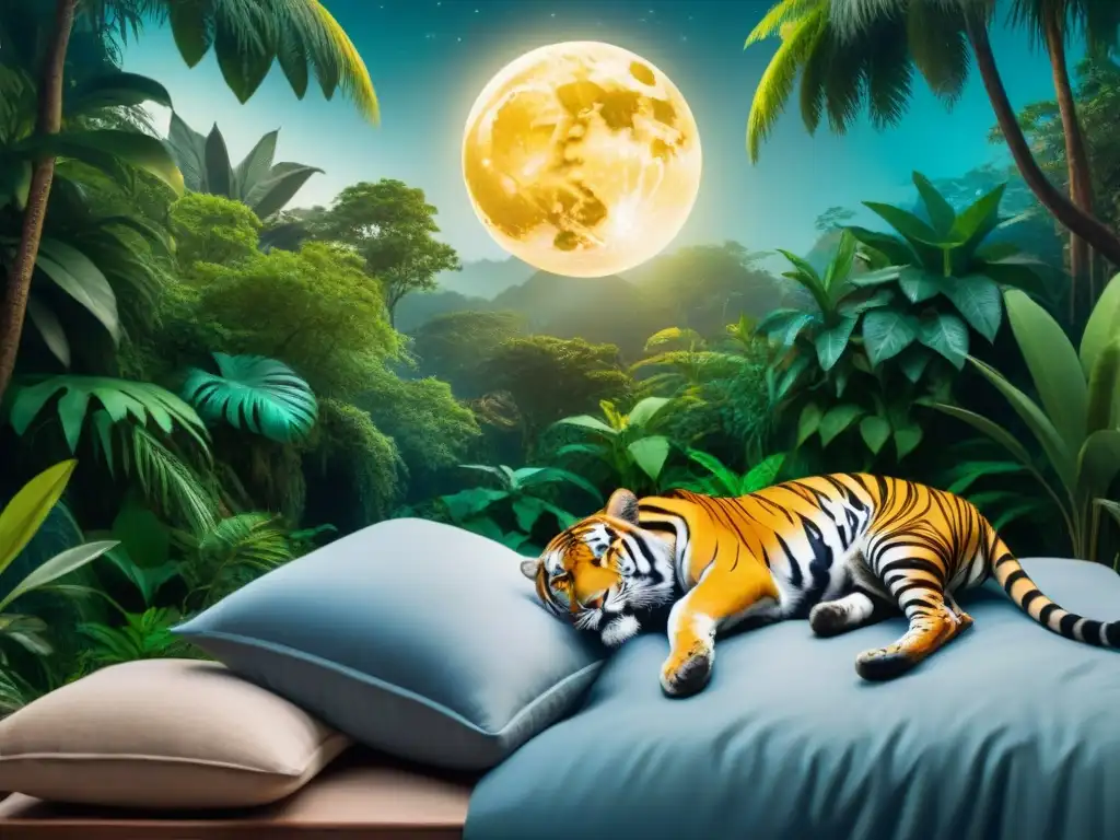 Escena nocturna: Animales exóticos durmiendo en la selva Un exuberante y tranquilo escenario nocturno en la jungla con animales exóticos durmiendo
