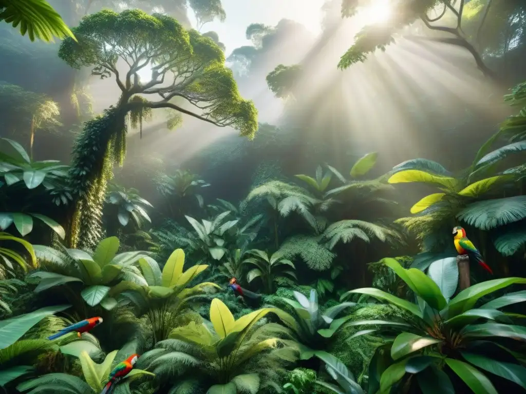 Selva tropical exuberante con animales exóticos en alta resolución Un exuberante y vibrante bosque tropical con una variedad de animales exóticos
