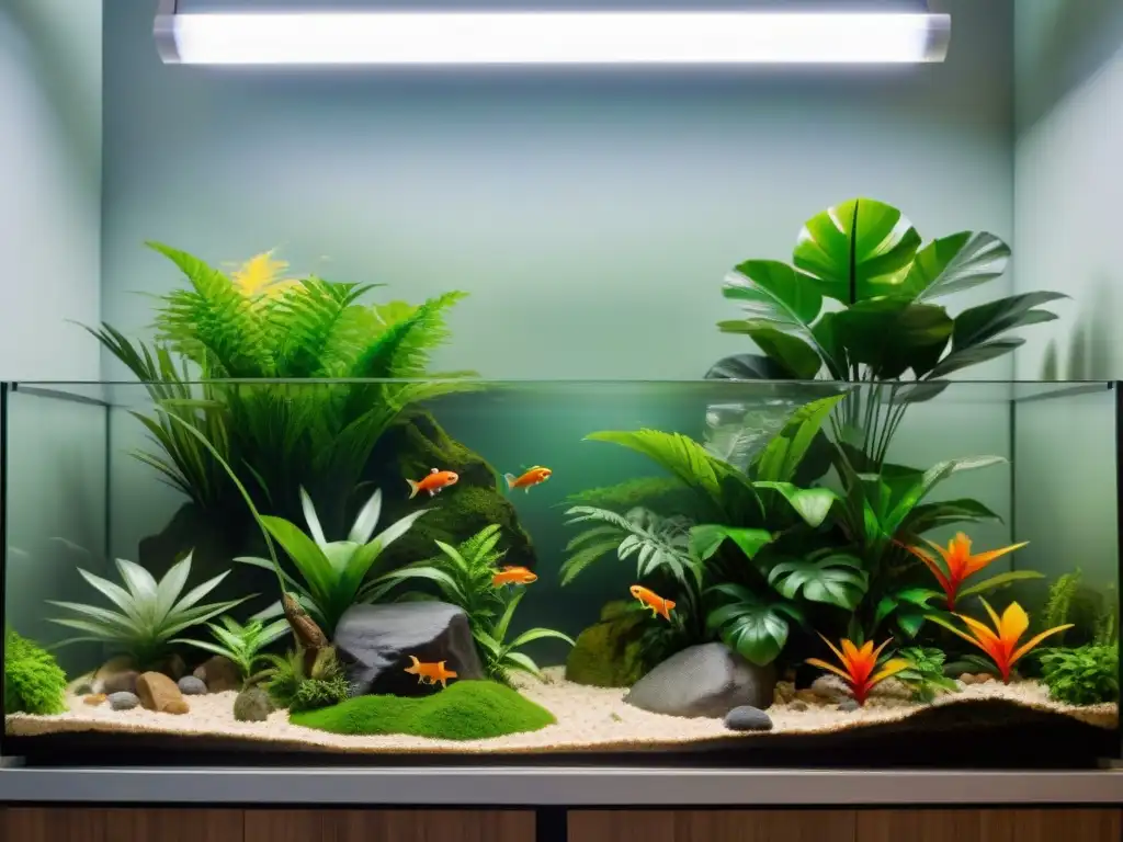 Vivario exótico: chameleons, ranas y geckos en un paraíso verde Un exuberante vivario moderno con mascotas exóticas coloridas como camaleones, ranas y geckos, reflejando las tendencias en cría de mascotas exóticas