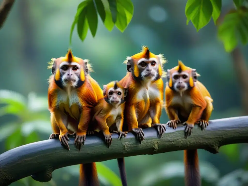 Encantadora familia de titíes dorados en la selva del Atlántico brasileño Una familia de titíes dorados en la exuberante selva brasileña