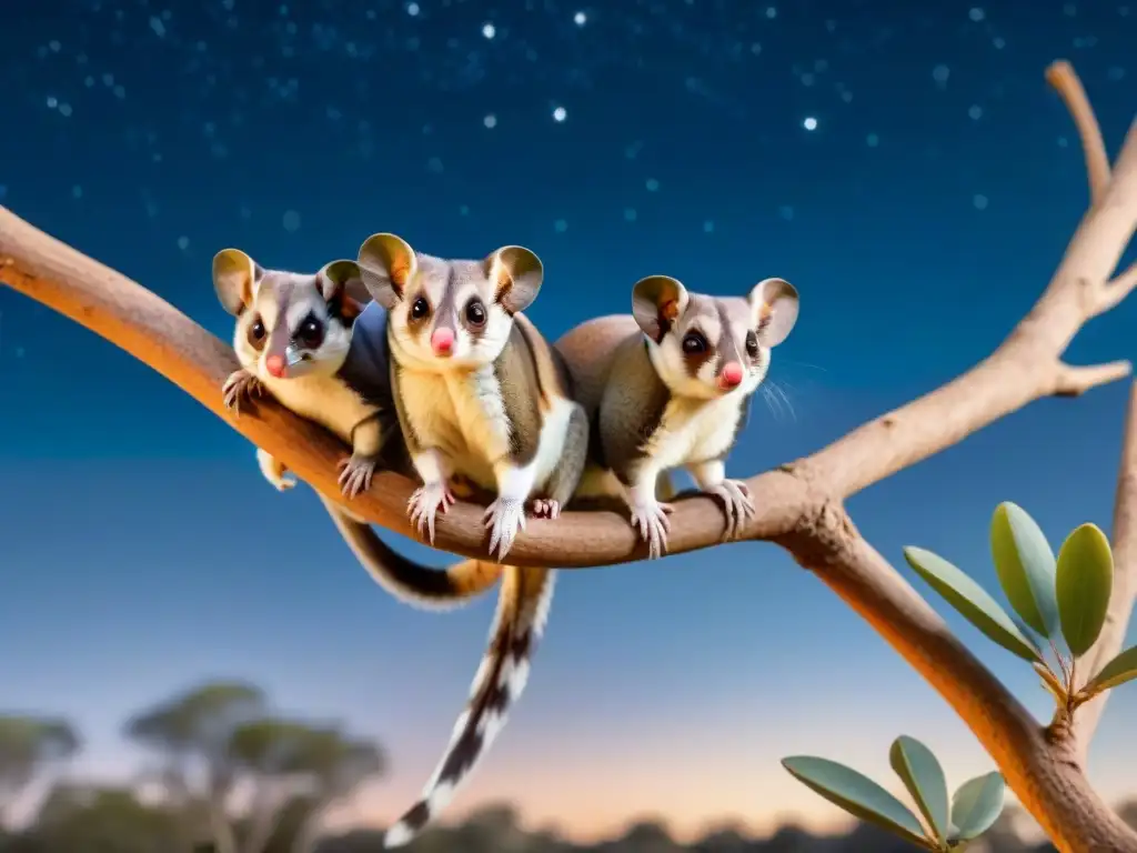 Encantador vuelo de azúcares en la noche australiana Familia de lindos planeadores del azúcar en la noche australiana