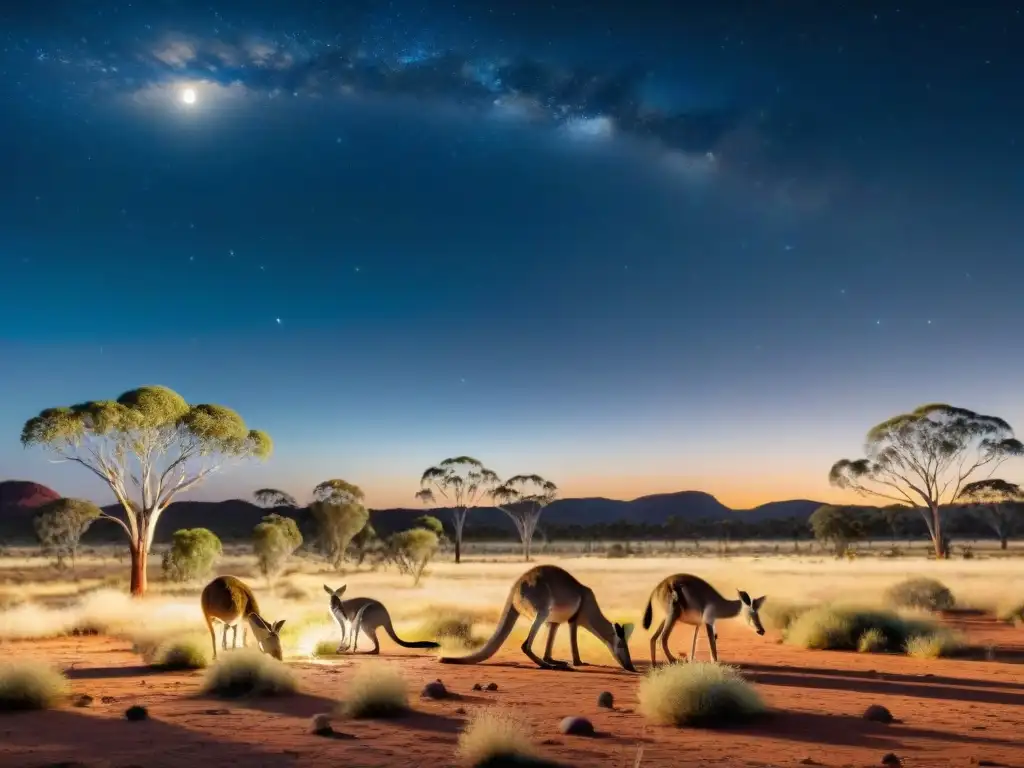 Escena nocturna mágica en el Outback australiano: canguros y la luna llena Familia de marsupiales nocturnos adaptando su rutina bajo la luna en el Outback australiano