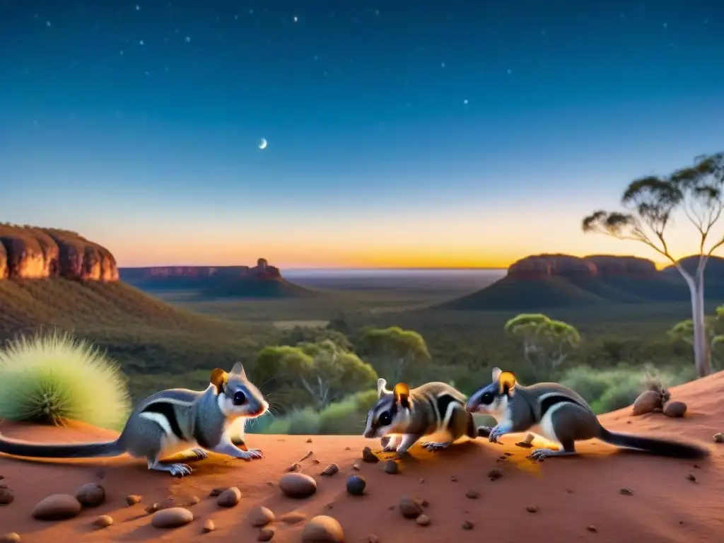 Marsupiales nocturnos en el Outback: escena serena bajo la luna Familia de marsupiales nocturnos adaptando rutina bajo la luna en el Outback australiano
