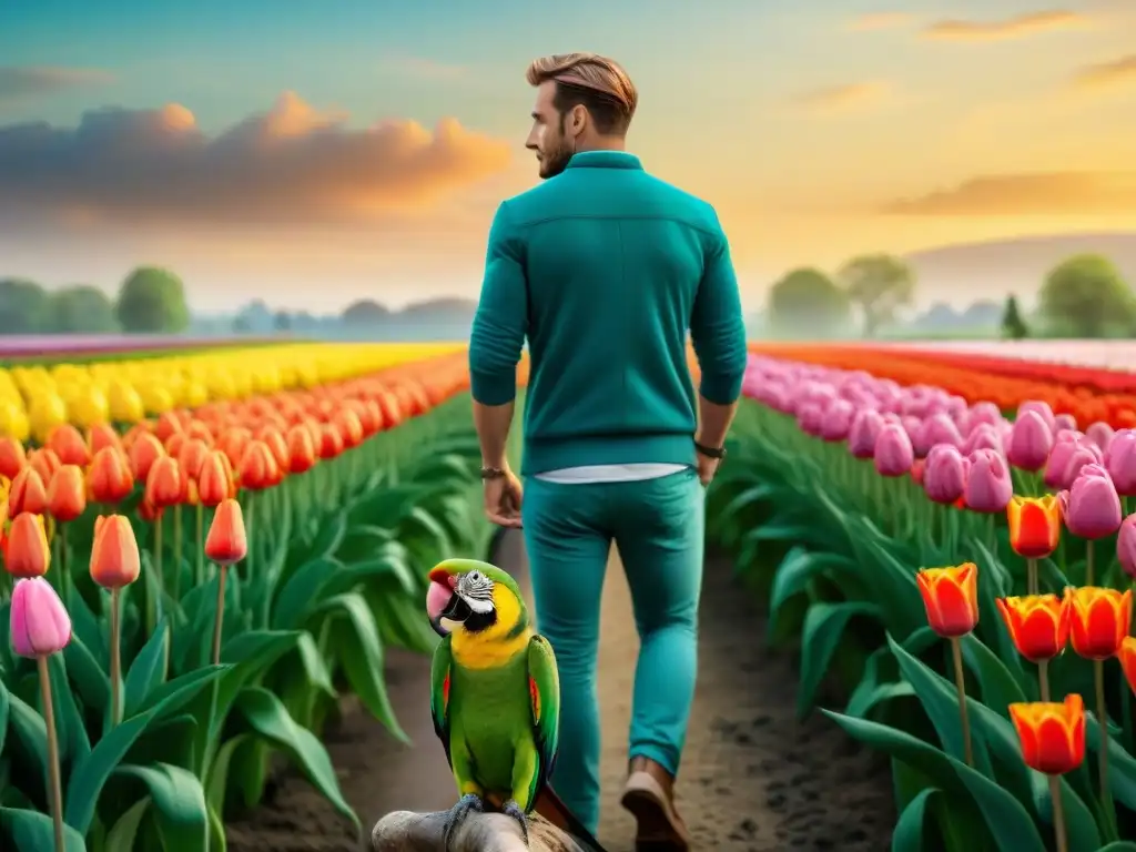 Armonía en Holanda: Exóticas mascotas y paisajes serenos Una familia pasea mascotas exóticas en armonía con la naturaleza en paisaje holandés