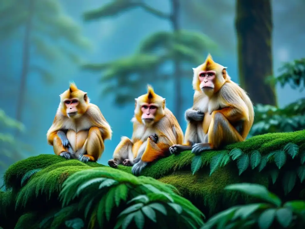 Monos Dorados en Bosque Antiguo de China Una familia de monos de nariz chata dorada en un bosque neblinoso