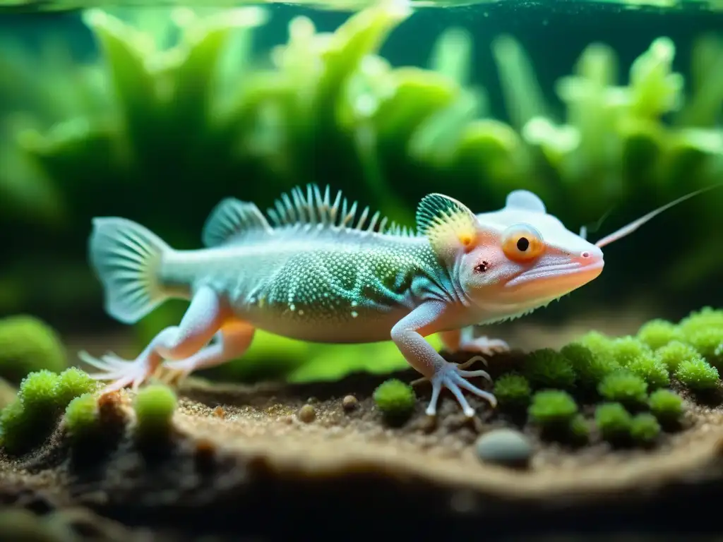 Maravillosa transformación del ciclo de vida del axolote en detalle Fascinante ilustración detallada del ciclo de vida del axolote, desde huevo hasta adulto, en hábitat acuático