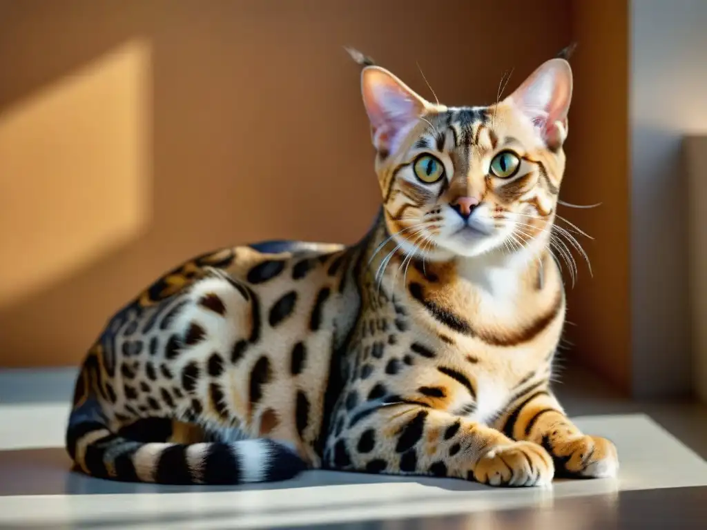 Espléndido felino exótico en elegante escena soleada Un felino exótico descansa elegantemente en una habitación iluminada por el sol, luciendo un pelaje brillante y saludable