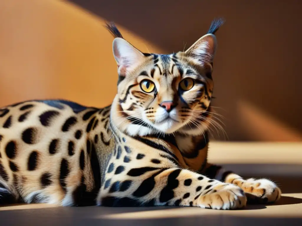 Exótico felino majestuoso en detalle Un felino exótico majestuoso, con patrones en su pelaje, relajado bajo la suave luz del sol