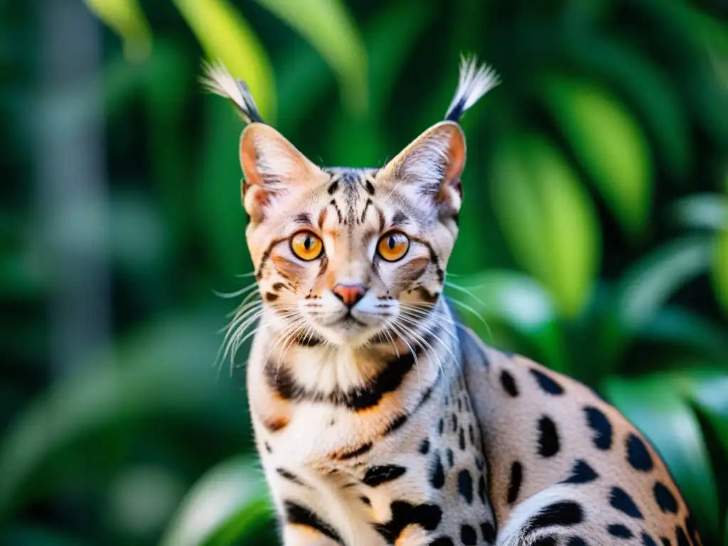 Espléndido felino exótico en entorno tropical Un felino exótico majestuoso cuidando su piel bajo el sol filtrado entre la vegetación, destacando sus vibrantes ojos y sus detalles únicos