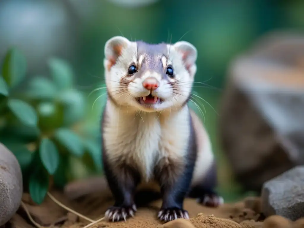 Imagen 8K de hurón feliz y confiado en hábitat acogedor Un hurón feliz y confiado, mostrando lenguaje corporal de contento, en un hábitat acogedor con juguetes