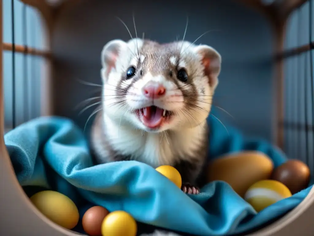 Ferret feliz y saludable en jaula espaciosa y equipada Un hurón feliz y saludable disfrutando en su jaula con juguetes y túneles, demostrando cuidados expertos en hurones mascotas exóticas