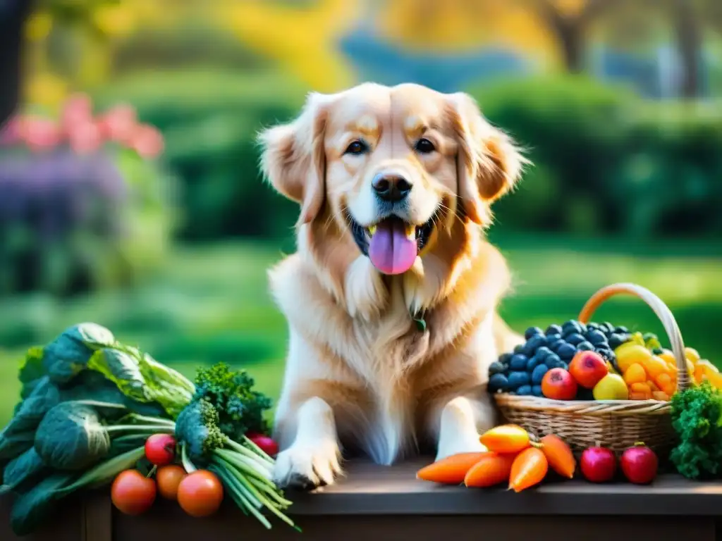 Golden retriever radiante rodeado de frutas y verduras frescas en un jardín soleado Un golden retriever feliz y saludable rodeado de frutas y verduras frescas en un jardín soleado