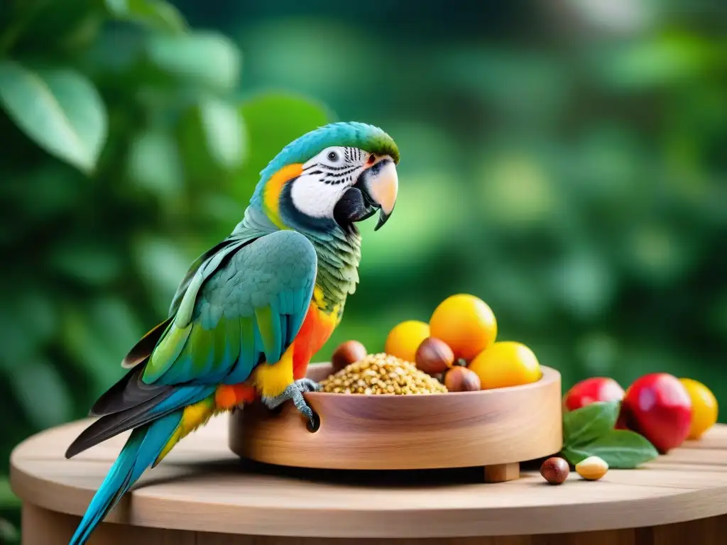 Delicioso banquete casero para loros Un festín casero para psitaciformes: deliciosa variedad de frutas, verduras, nueces y semillas en un comedero de madera, con loros curiosos