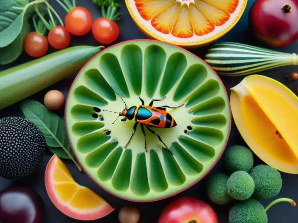 Exóticos insectos alimentándose en detalle Un festín detallado: insectos exóticos disfrutan de una variedad de alimentos