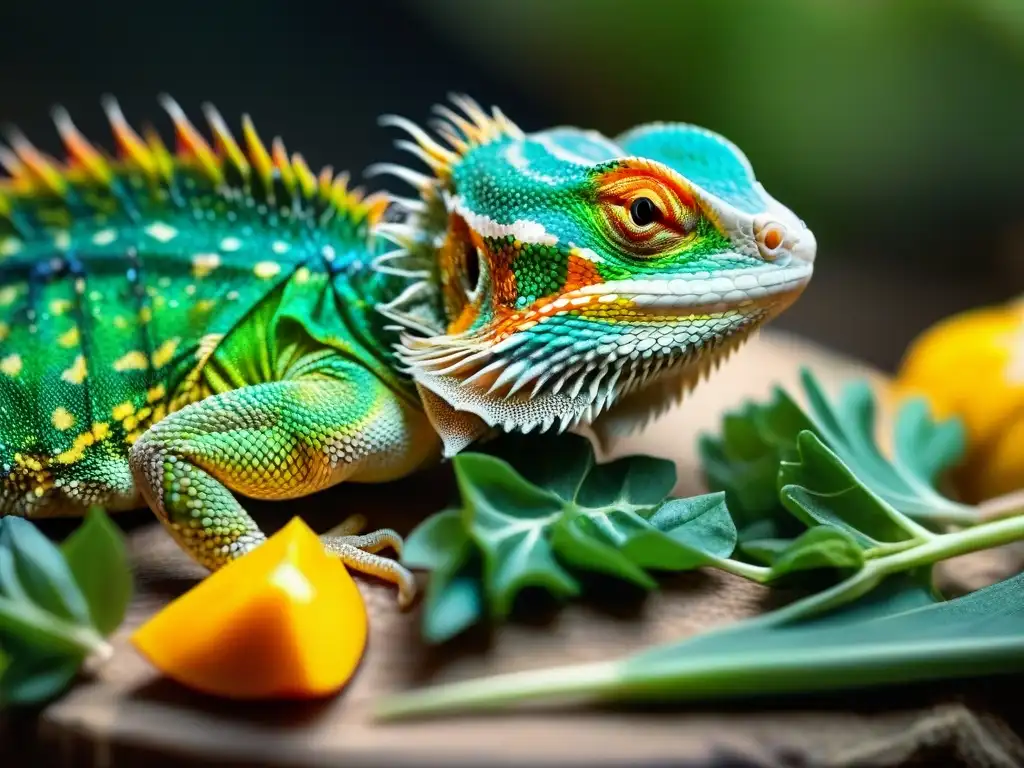 Deliciosa variedad de alimentos premium para dragones barbudos Un festín vibrante de alimentos premium para dragones barbudos: insectos suculentos, vegetales frescos y frutas coloridas