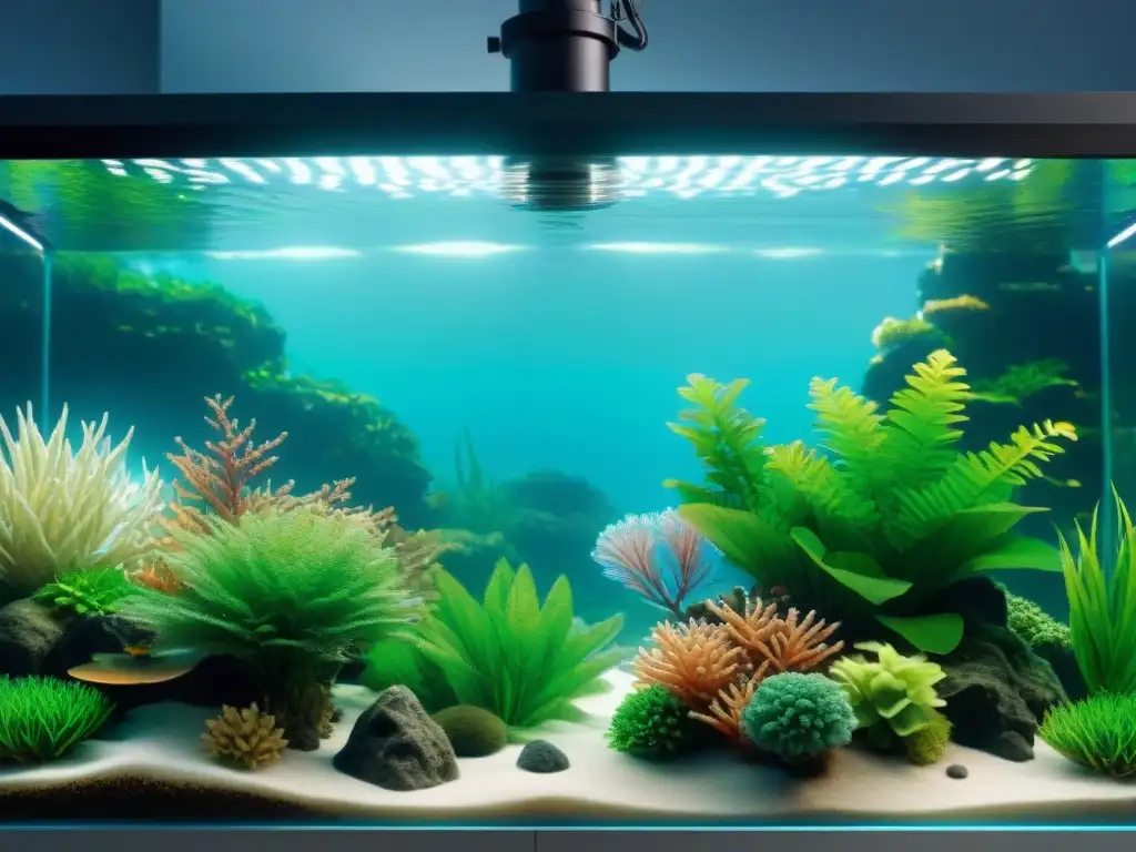 Acuario avanzado: filtro transparente en acción Un filtro de acuario moderno y avanzado en acción, con agua cristalina y peces coloridos