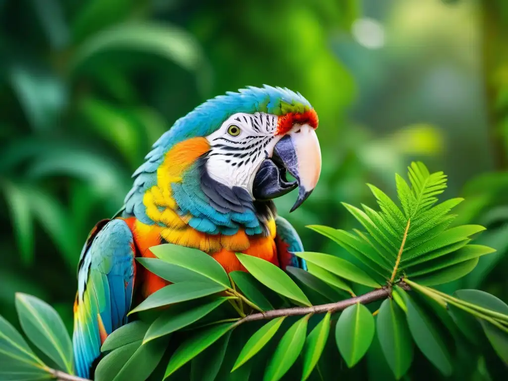 Fotógrafo ajustando cámara en la selva con loro exótico