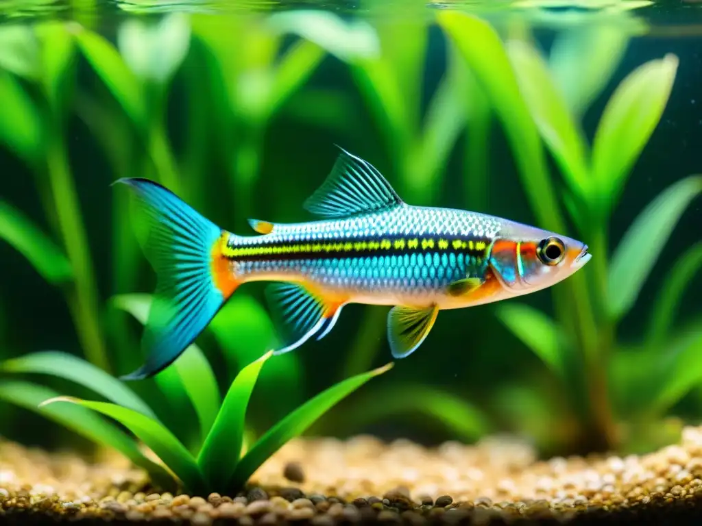 Un Galaxy Rasbora nada elegantemente entre plantas acuáticas exuberantes en un acuario
