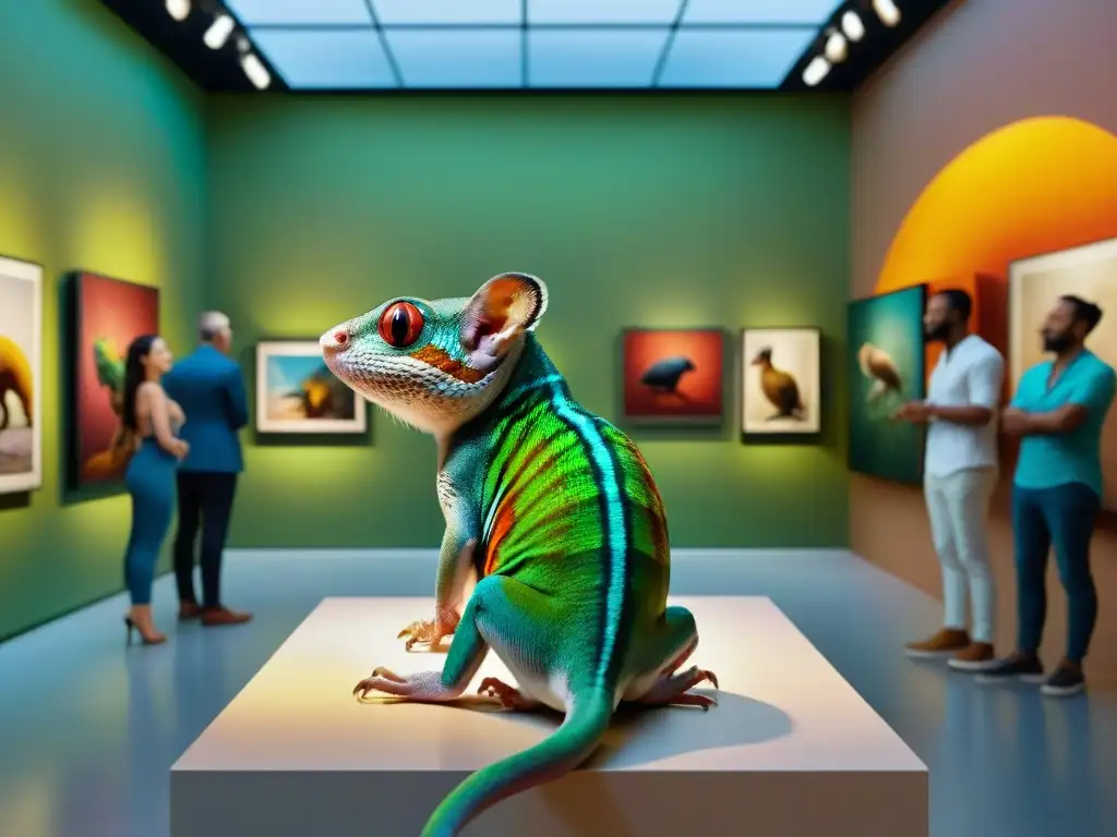 Exóticas mascotas en galería de arte moderno Una galería de arte moderno llena de mascotas exóticas, con un camaleón colorido en primer plano