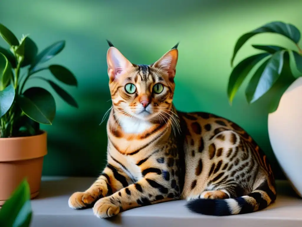 Majestuoso gato Bengal disfrutando del sol en un elegante entorno Un gato exótico bengalí reposa elegante en una habitación soleada, exudando belleza salvaje