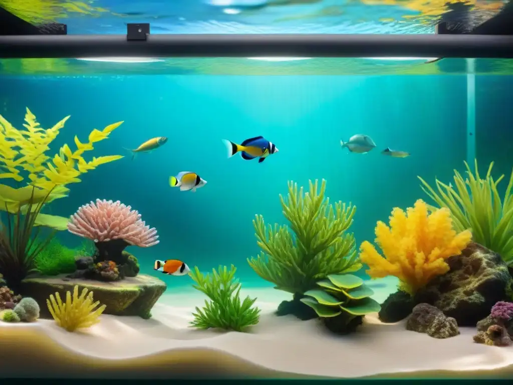 Comparativa sistemas filtración acuarios: detallado y realista Gráfico detallado de sistemas de filtración para acuarios, con peces exóticos en un ambiente submarino vibrante