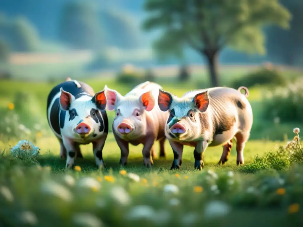 Un grupo diverso de mini pigs jugando y socializando en un campo verde