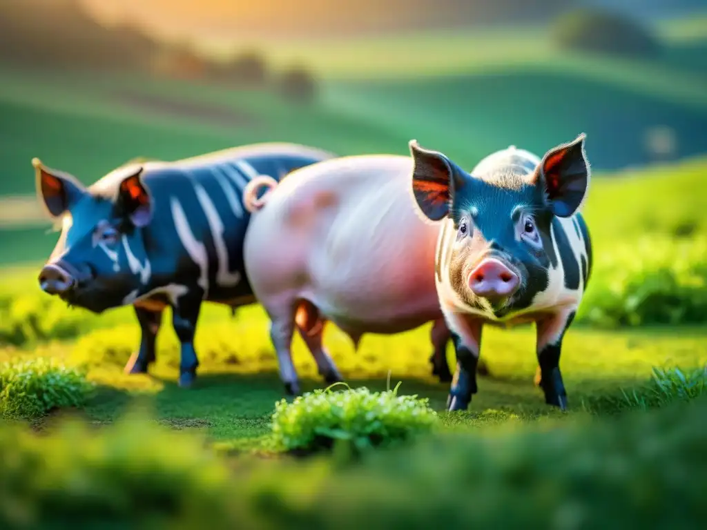 Un grupo diverso de mini pigs exóticos disfruta pacíficamente del pasto verde bajo el cálido sol