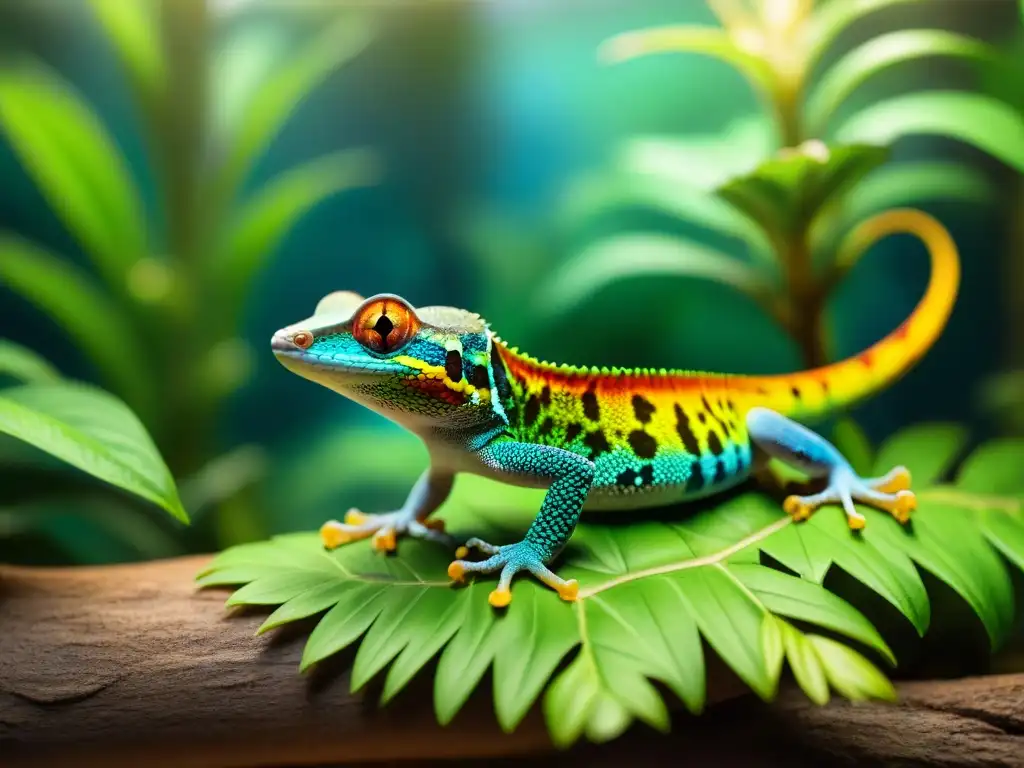 Geckos exóticos en un terrario vibrante Un grupo diverso de geckos exóticos y coloridos convive pacíficamente en un terrario exuberante, ideal para la adopción de geckos exóticos
