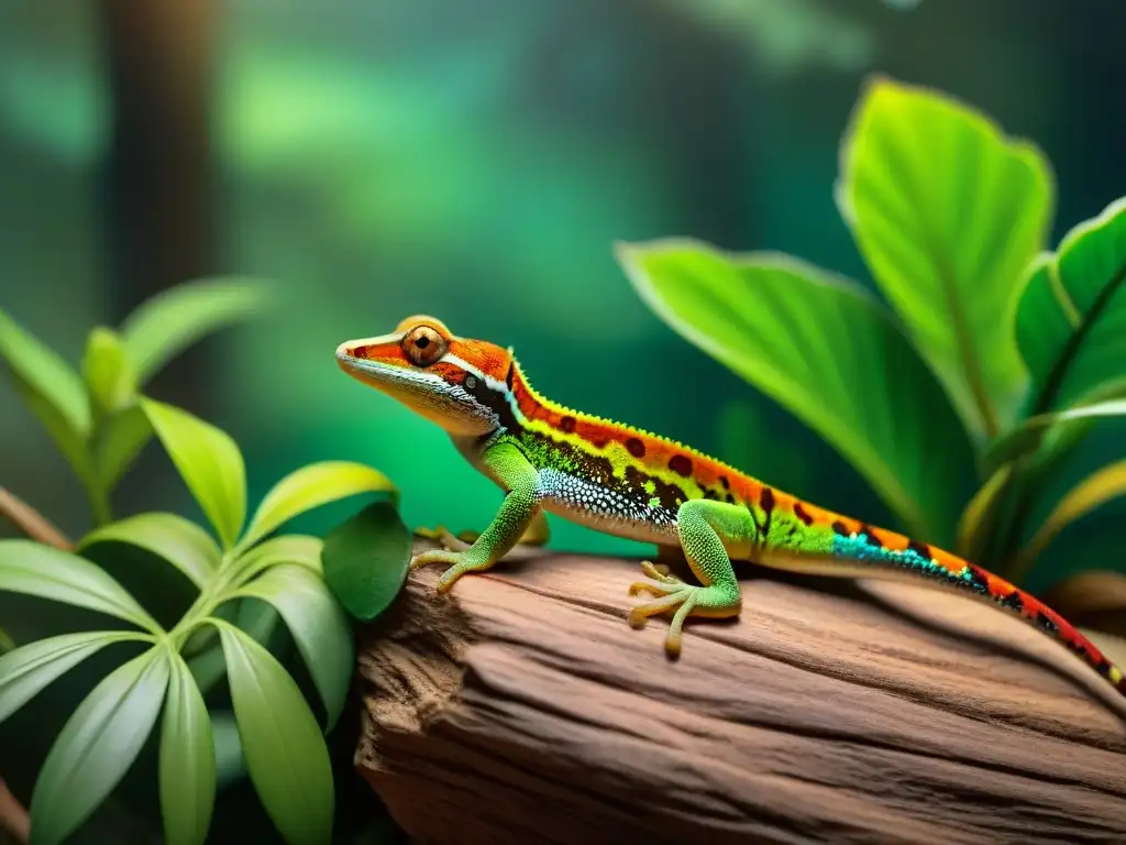 Geckos exóticos exploran terrario natural Un grupo diverso de geckos exóticos explorando un terrario natural lleno de vegetación, ideal para la adopción de geckos exóticos