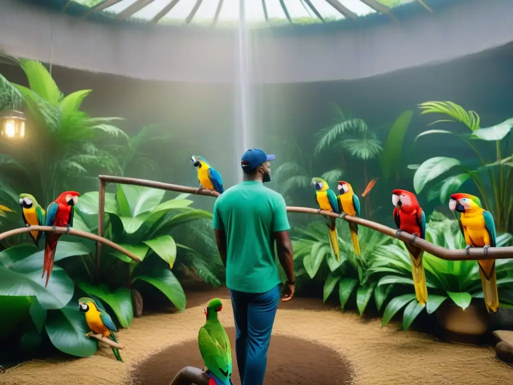 Voluntarios en santuario animal: diversidad, armonía y conservación Un grupo diverso de voluntarios cuida amorosamente de mascotas exóticas en un santuario, transmitiendo trabajo en equipo y conservación