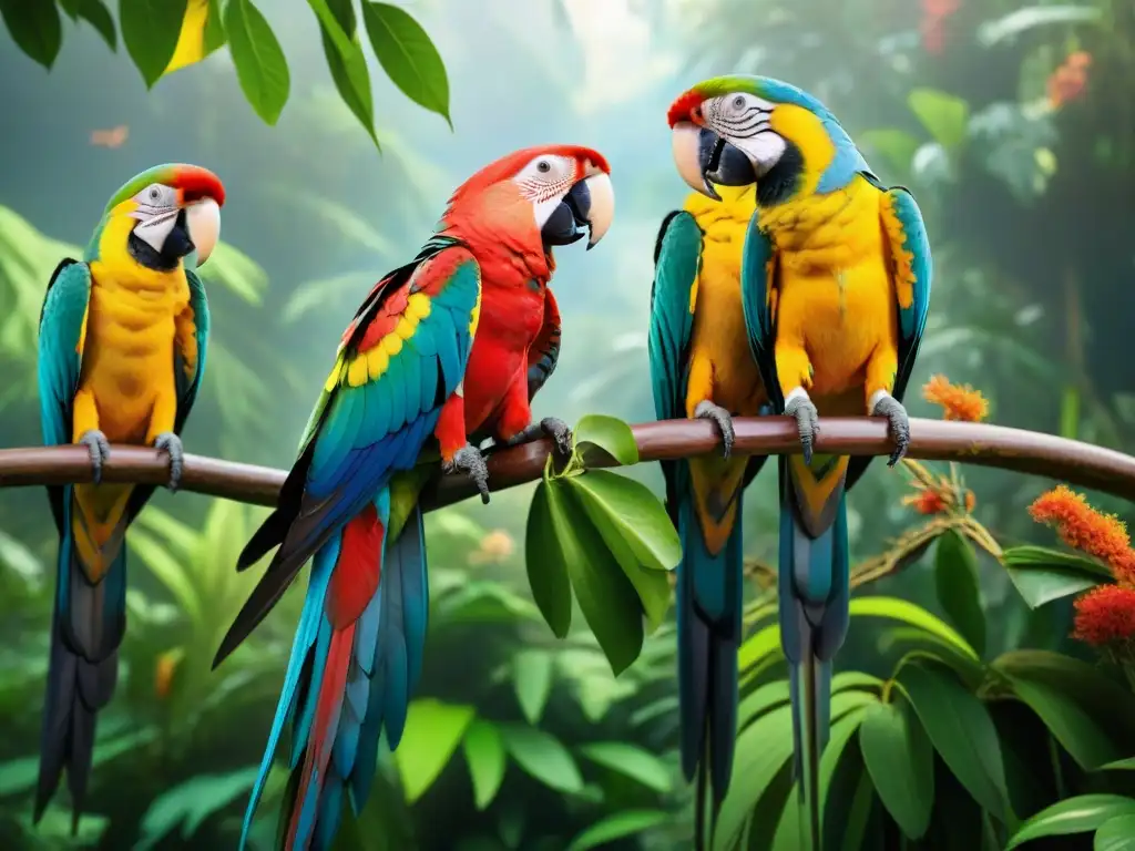 Un grupo de loros exóticos muestra su comportamiento territorial en la selva tropical