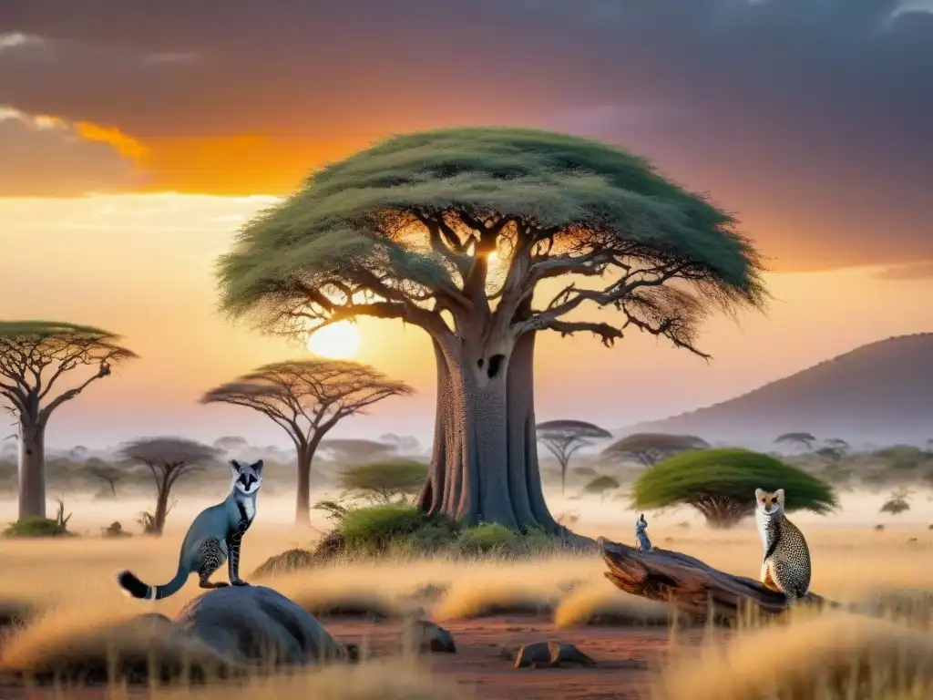 Exóticas mascotas africanas en detalle Un grupo de mascotas exóticas en África: un loro gris africano, un gato serval, un camaleón y un suricata, en un atardecer africano