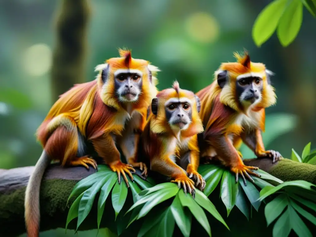 Juguetones monos leones dorados en la selva amazónica Un grupo de primates exóticos dorados juega en la selva amazónica, con su pelaje naranja brillante bajo el sol