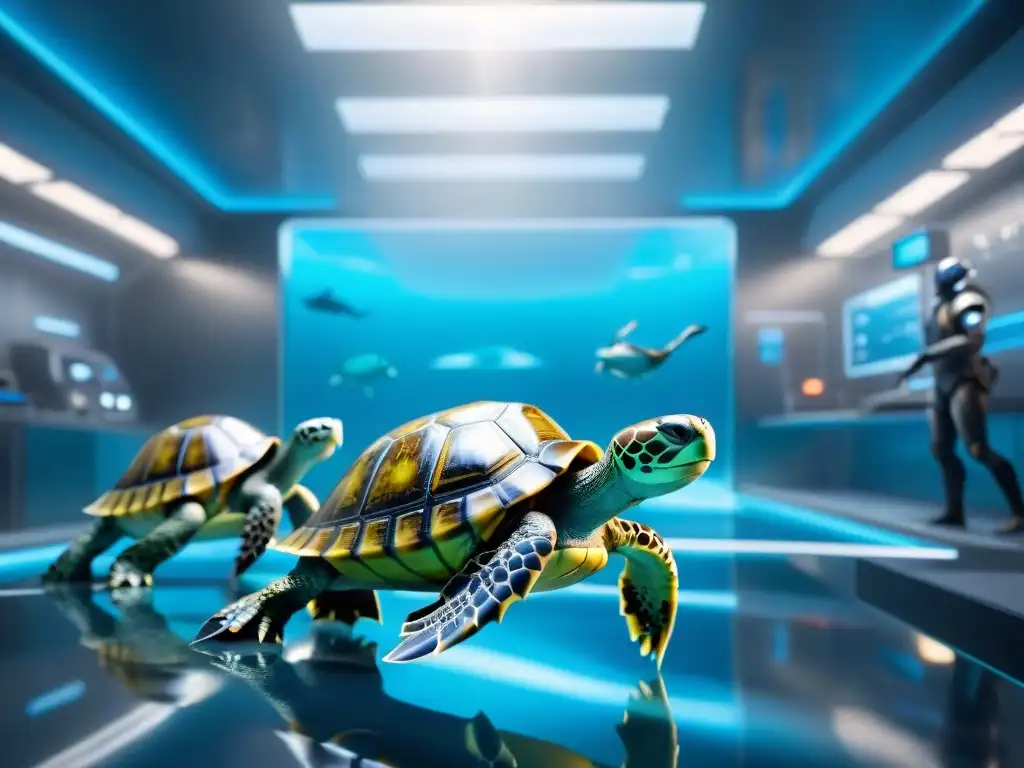 Tortugas biónicas futuristas nadan en laboratorio subacuático Un grupo de tortugas biónicas exóticas nadando graciosamente en un laboratorio submarino de alta tecnología