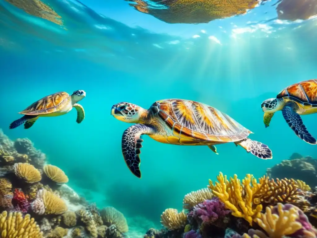 Magia marina: Tortugas nadando en arrecife de coral Un grupo de tortugas marinas nadando en armonía entre arrecifes de coral y peces tropicales, iluminadas por la luz del sol