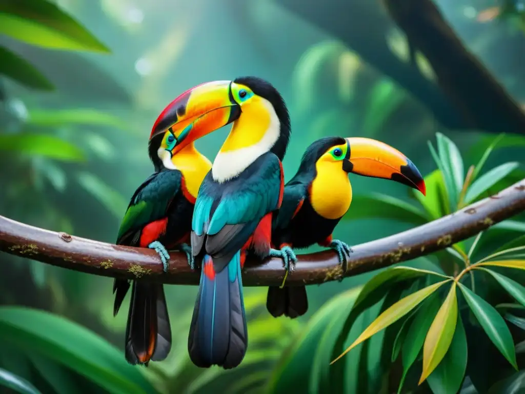 Tucanes coloridos en la selva: detalle y armonía Un grupo de tucanes coloridos en su hábitat tropical, creando una relación segura con los niños