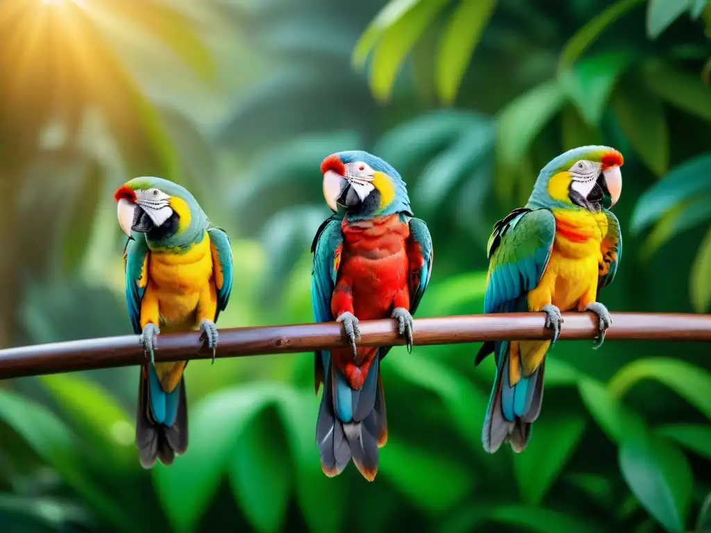 Un grupo vibrante de loros exóticos en su hábitat natural, mostrando su comportamiento territorial en la selva tropical