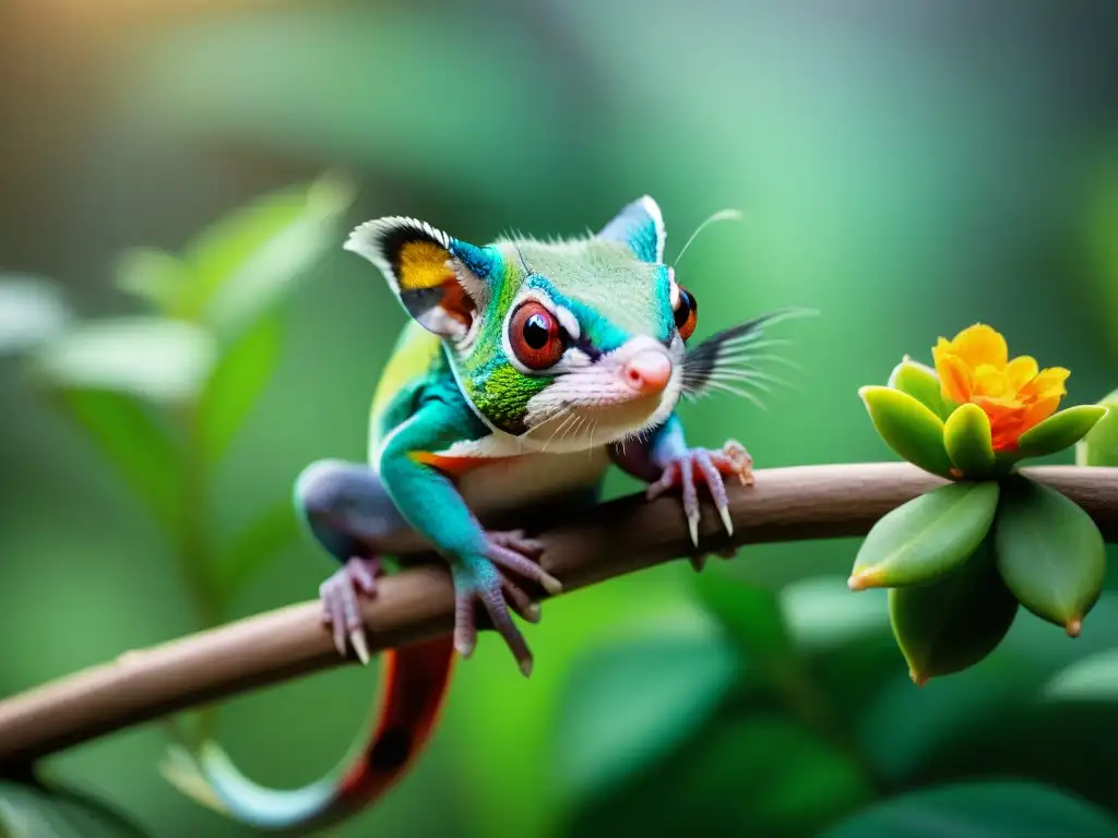 Un grupo vibrante de mascotas exóticas en un entorno tropical, mostrando comportamientos únicos