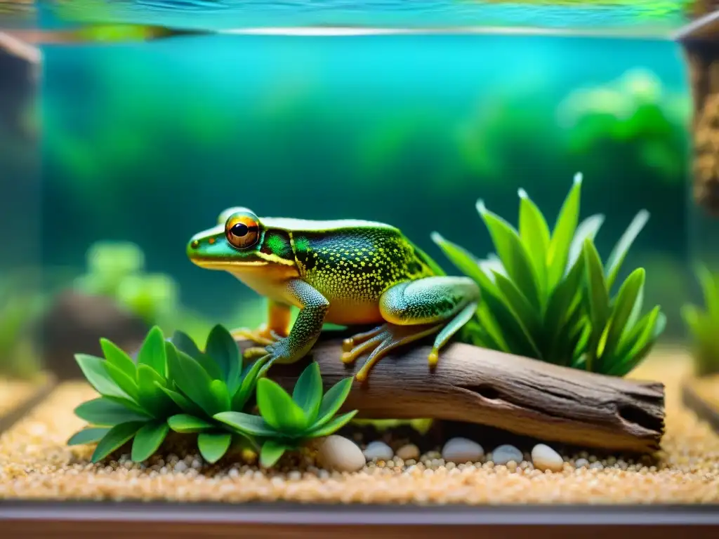 Un hábitat acuático expertamente diseñado para axolotes con plantas y rocas, mostrando la belleza del cuidado axolotes equipamiento esencial