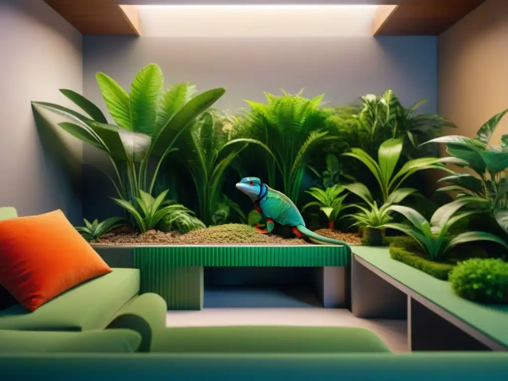 Hábitat tecnológico para mascotas exóticas: detalle ultrarrealista Un hábitat de alta tecnología para cría de exóticos con chameleons y aves tropicales