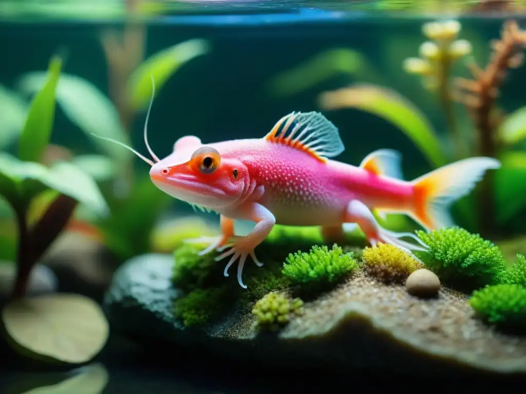 Un hábitat detallado para axolotes, con plantas, rocas, agua clara y condiciones ideales