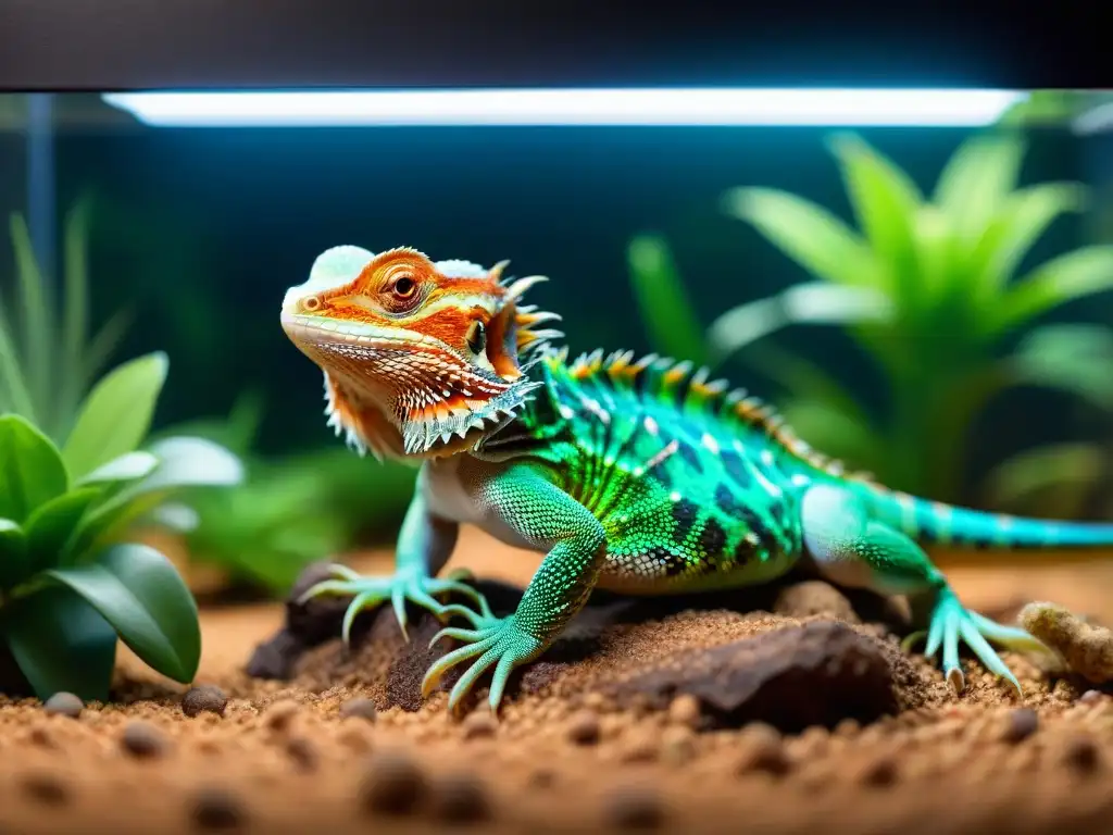 Vivario detallado para dragón barbudo con iluminación artificial Un hábitat detallado con iluminación natural para lagartos en casa, imitando un hárido desierto
