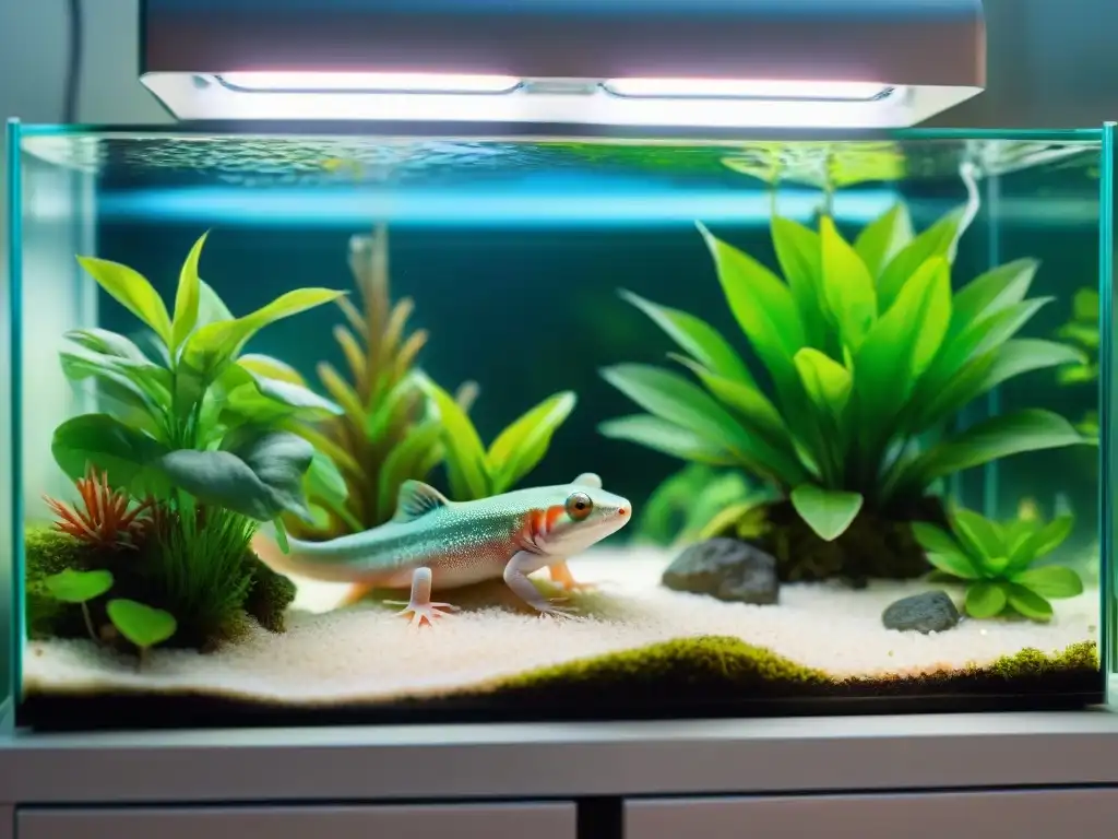 Un hábitat expertamente diseñado para axolotes, con equipamiento esencial