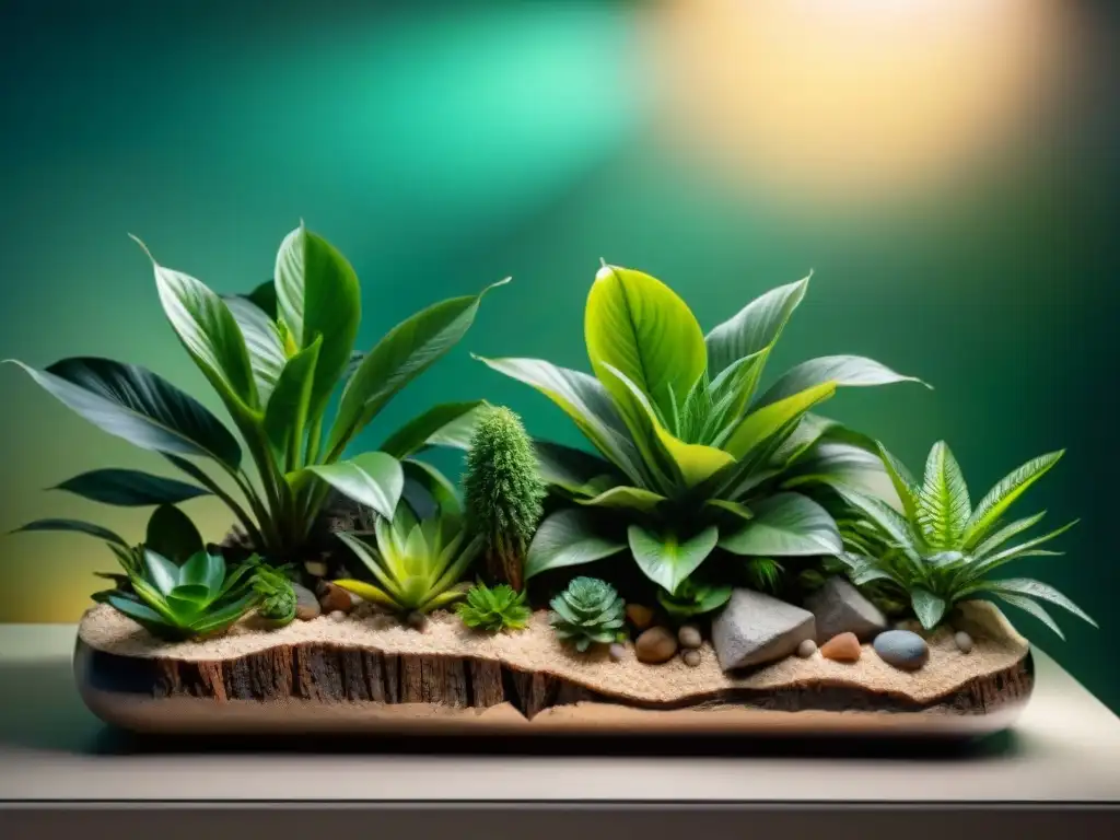 Un hábitat exuberante y acogedor para lagarto mascota, con plantas, rocas y lámpara de calor