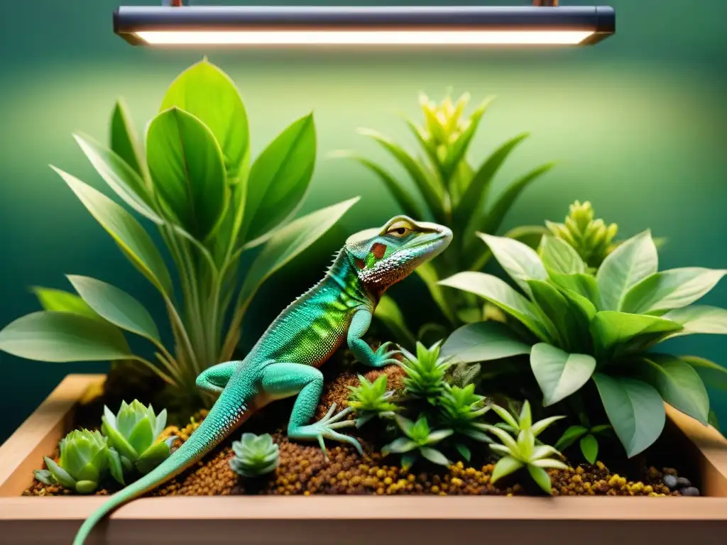 Un hábitat exuberante para lagarto mascota, completo con ramas, lámparas de calor y plantas vibrantes