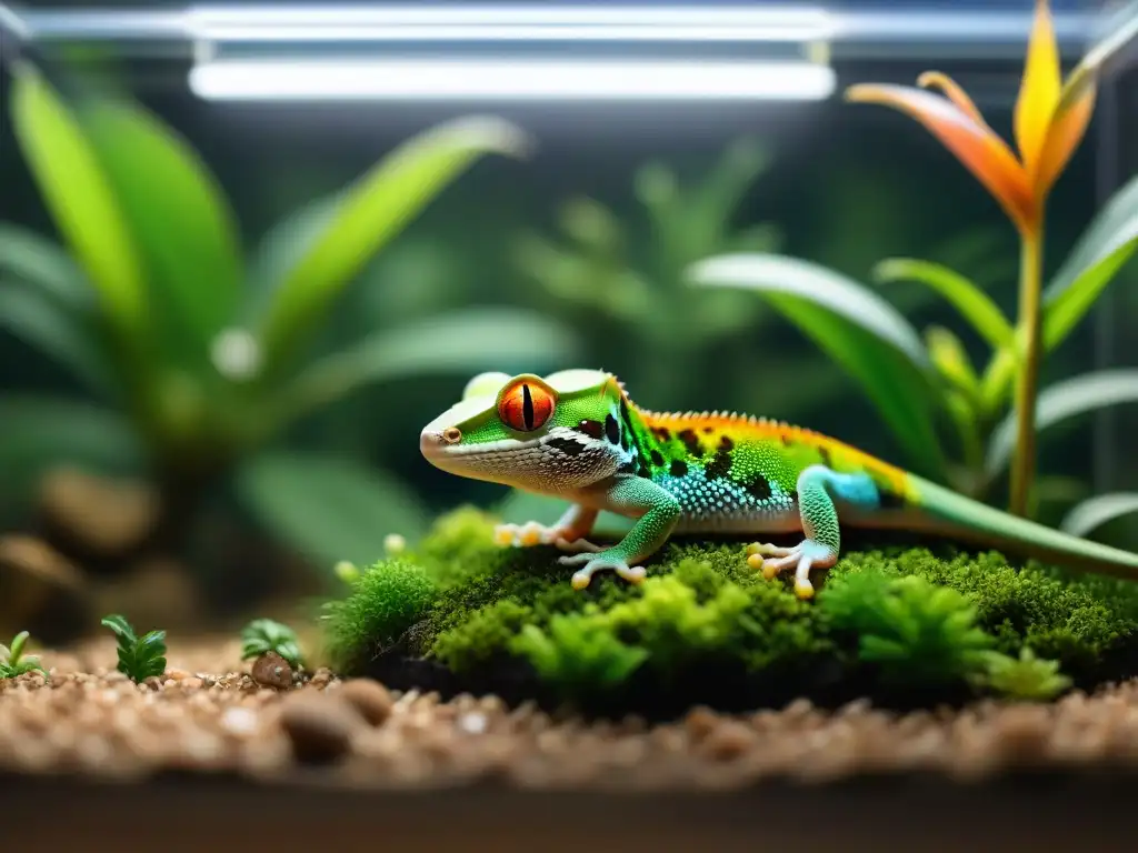 Hermoso terrario para gecko: detalle y colorido en ambiente tropical Un hábitat exuberante para geckos exóticos, con plantas artificiales y ramas de escalada