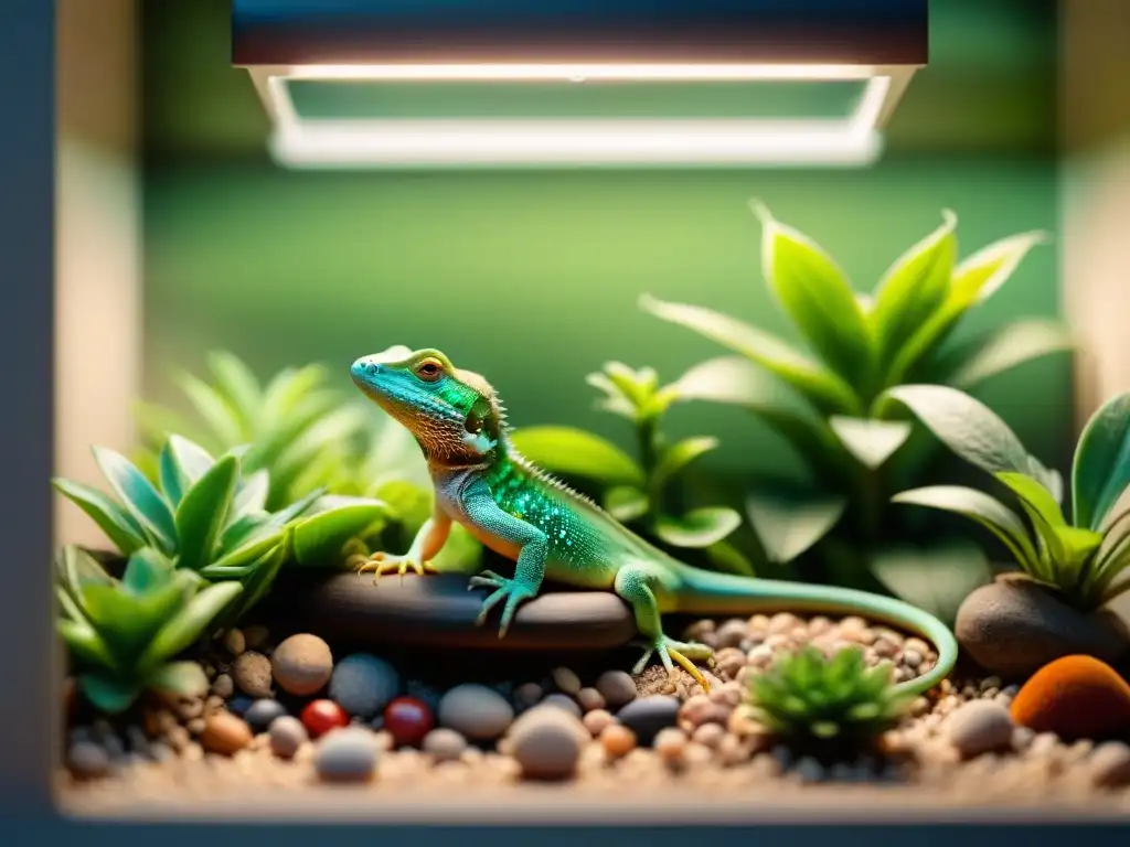 Hábitat tropical para lagarto mascota con juguetes enriquecedores Un hábitat exuberante para un lagarto mascota, con los mejores juguetes para una calidad de vida óptima