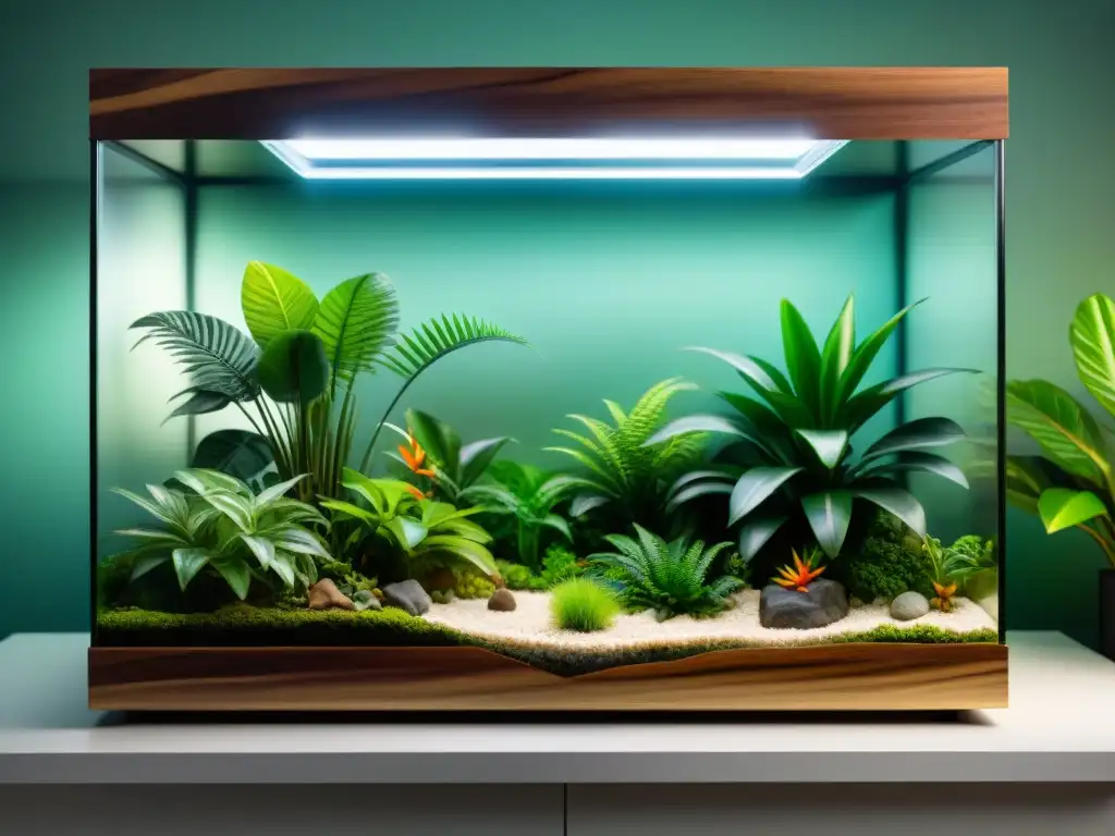 Terrario tropical exótico para reptiles: belleza y funcionalidad Un hábitat exuberante para mascotas exóticas, lleno de plantas y detalles vibrantes