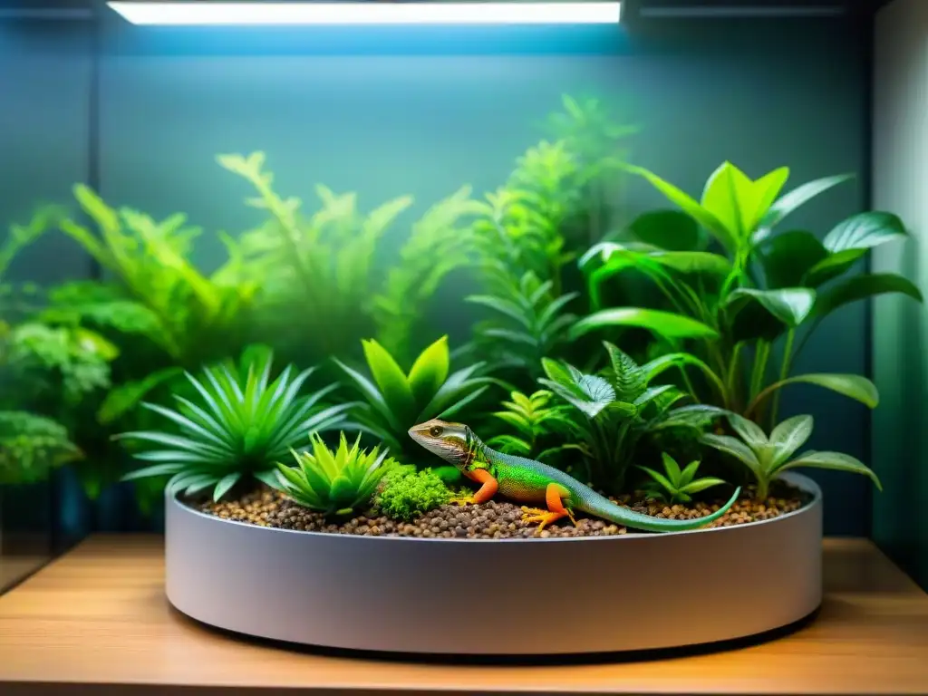 Un hábitat exuberante y tropical para un lagarto mascota, con ramas, cascada y plantas vibrantes