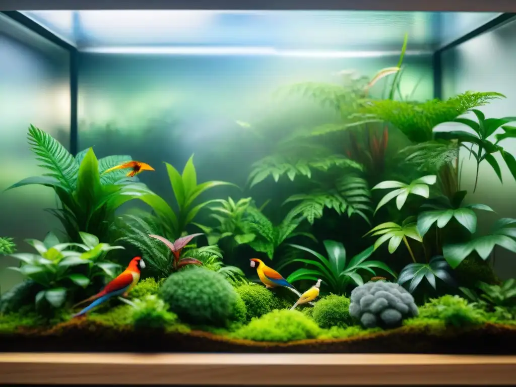 Terrario exuberante para mascotas exóticas: detallada selva tropical Un hábitat exuberante y vibrante en un terrario, con alimentación premium para mascotas exóticas